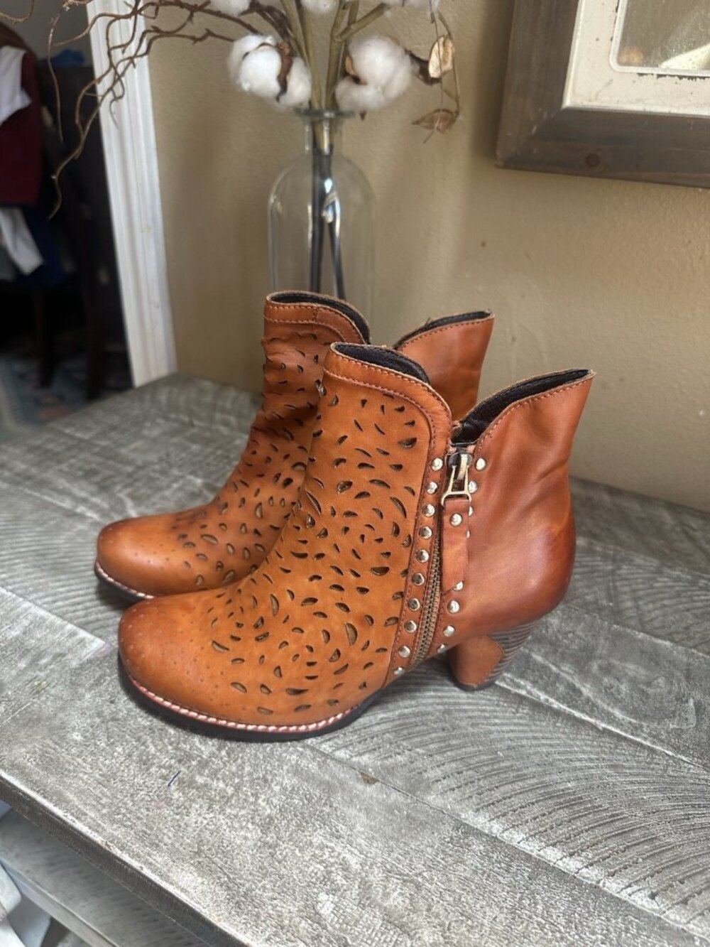 Women's Tan Perforated Leather Ankle Boots with Side Zip